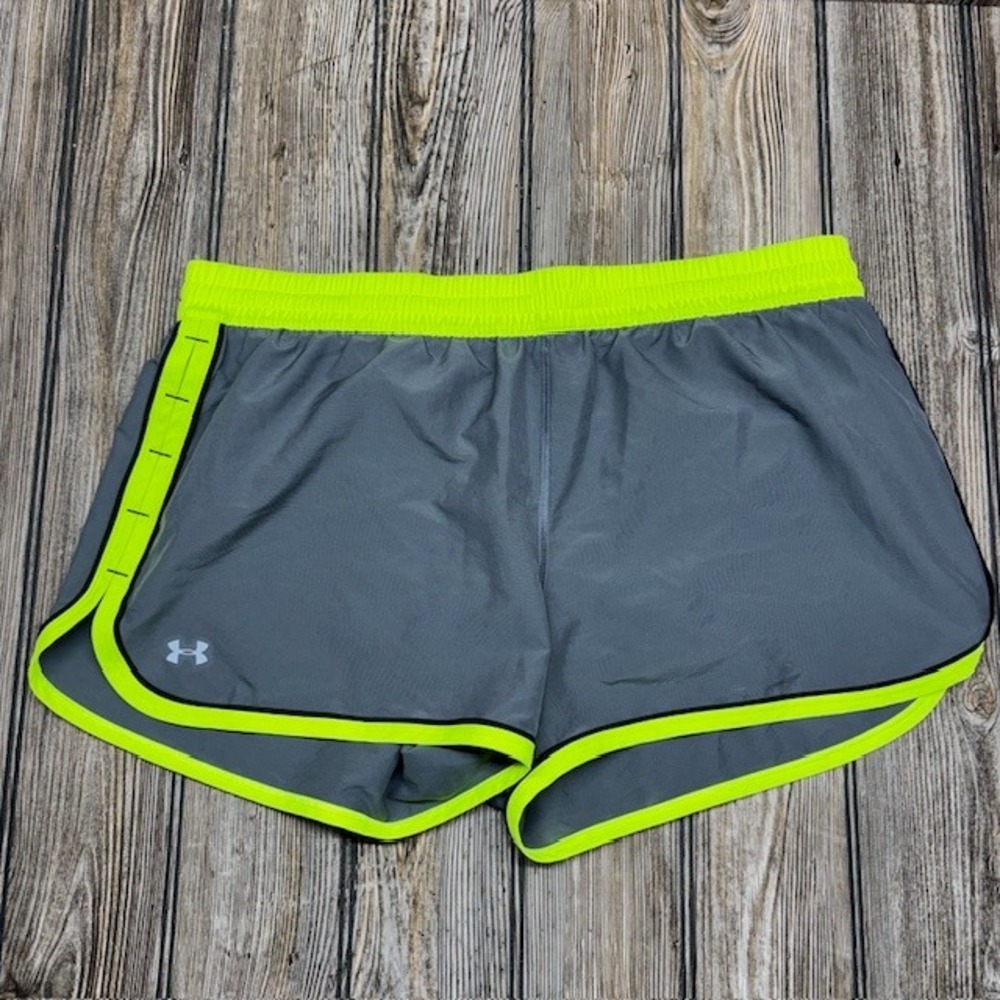 Under Armour HeatGear Womens Grey Neon Green Running Shorts Size Large LG G G